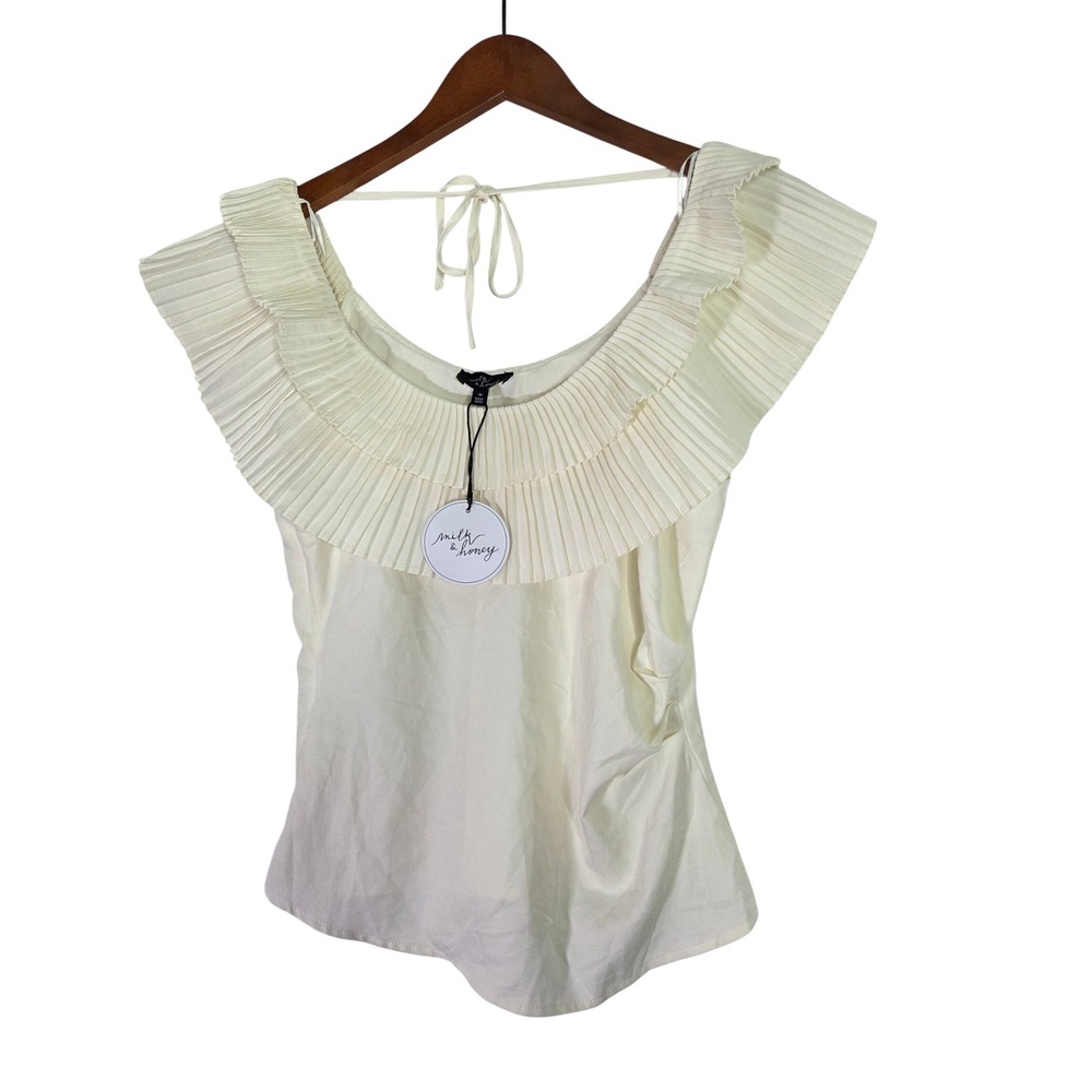 Milk & Honey‎ Cream Off Shoulder Ruffle Pleated Tie Neck Top Size M